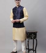 Men blue woven silk blend kurta jacket set