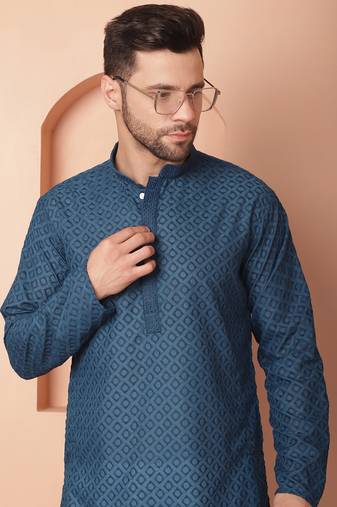 Men blue embroidered cotton kurta pajama