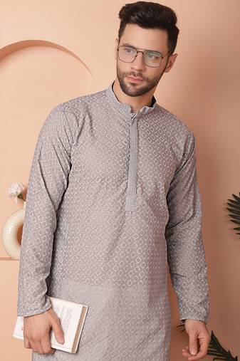 Men grey embroidered cotton kurta pajama