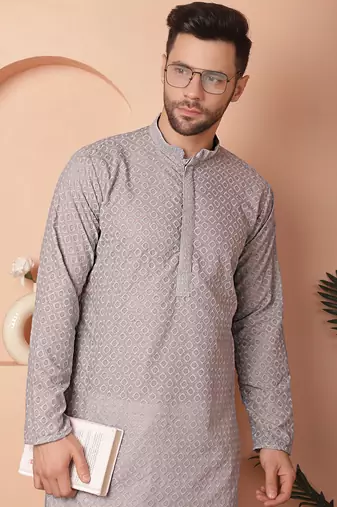 Men grey embroidered cotton kurta pajama