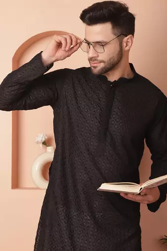 Men black embroidered cotton kurta pajama