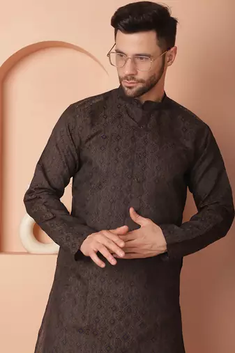 Men blue woven silk blend kurta pajama