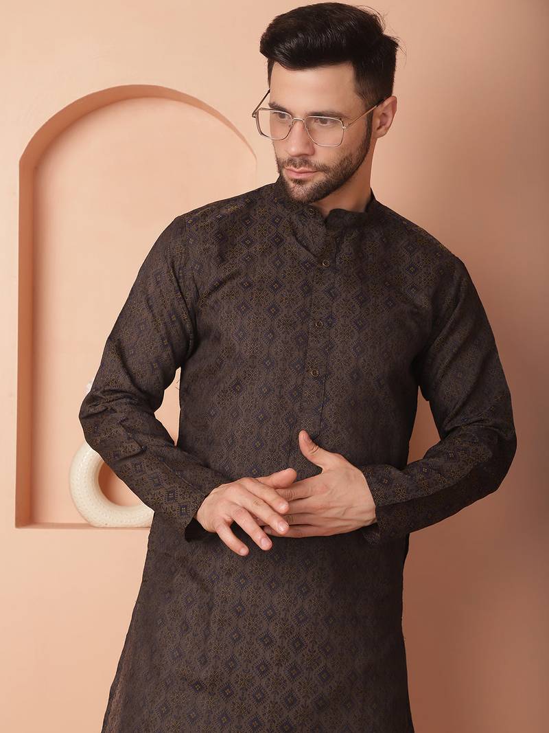 Men blue woven silk blend kurta pajama