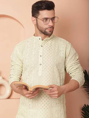 Men green embroidered georgette kurta pajama 1
