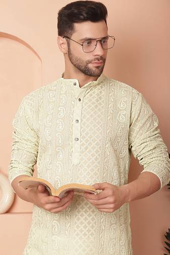 Men green embroidered georgette kurta pajama