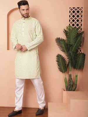 Men green embroidered georgette kurta pajama 2