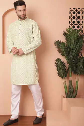 Men green embroidered georgette kurta pajama