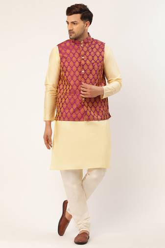 Men pink woven silk blend kurta jacket set