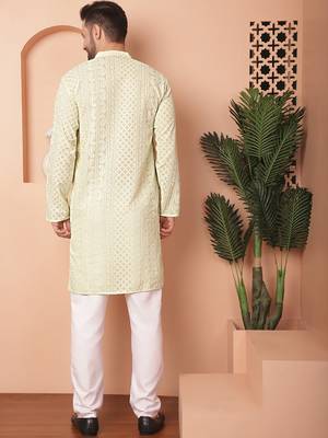 Men green embroidered georgette kurta pajama 4