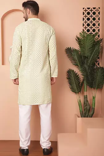Men green embroidered georgette kurta pajama