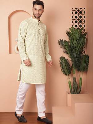 Men green embroidered georgette kurta pajama 5
