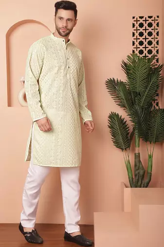 Men green embroidered georgette kurta pajama