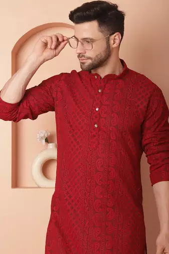 Men maroon embroidered georgette kurta pajama
