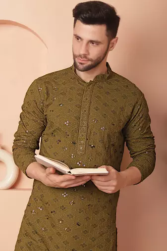 Men green embroidered cotton kurta pajama