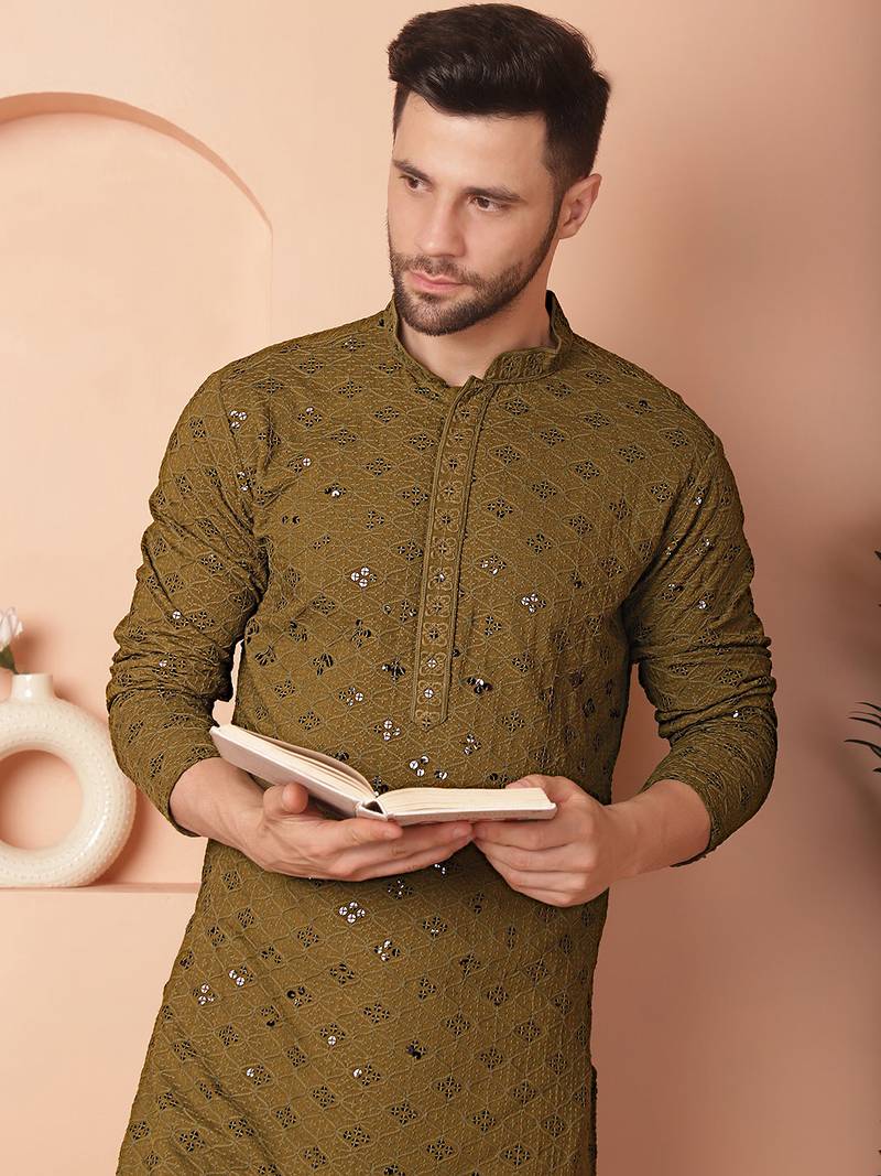 Men green embroidered cotton kurta pajama