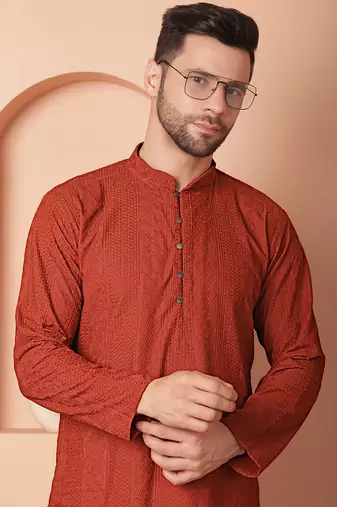Men brown embroidered cotton kurta pajama