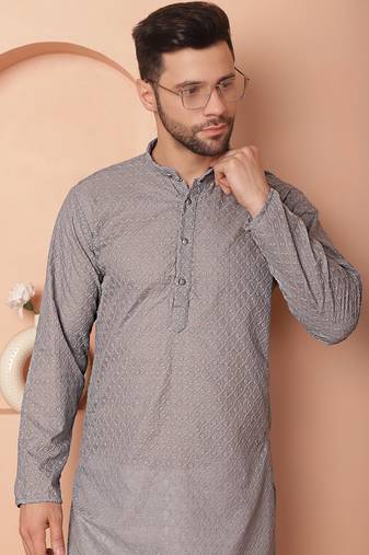 Men grey embroidered cotton kurta pajama