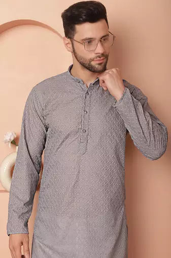 Men grey embroidered cotton kurta pajama