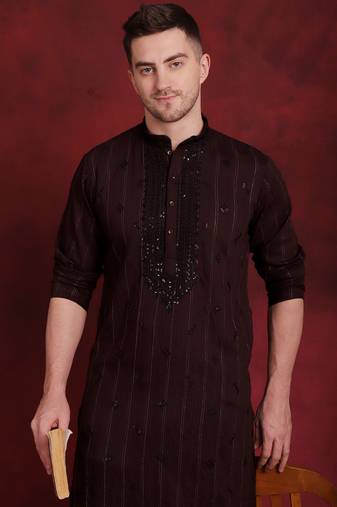 Men maroon embroidered viscose rayon kurta pajama