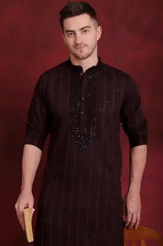 Men maroon embroidered viscose rayon kurta pajama