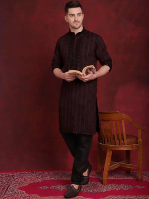 Men maroon embroidered viscose rayon kurta pajama 2