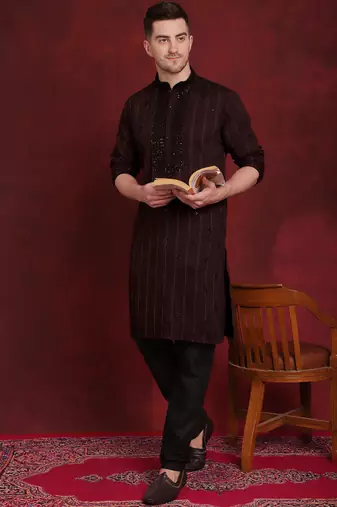 Men maroon embroidered viscose rayon kurta pajama