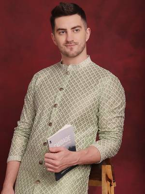 Men green embroidered silk blend kurta pajama 1