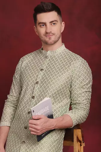Men green embroidered silk blend kurta pajama