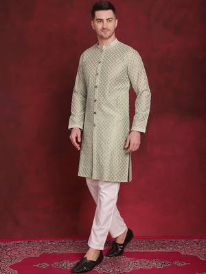 Men green embroidered silk blend kurta pajama 2