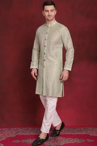 Men green embroidered silk blend kurta pajama