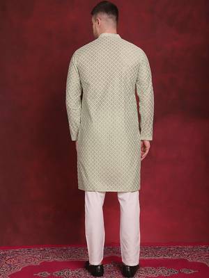 Men green embroidered silk blend kurta pajama 4