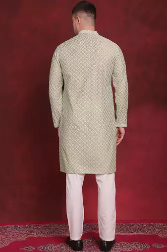 Men green embroidered silk blend kurta pajama