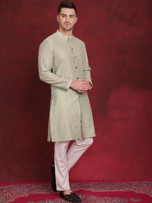 Men green embroidered silk blend kurta pajama 5