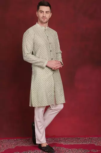 Men green embroidered silk blend kurta pajama