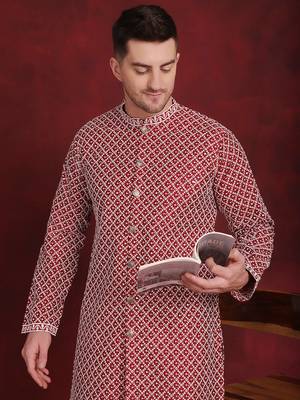 Men maroon embroidered silk blend kurta pajama 1