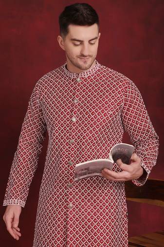 Men maroon embroidered silk blend kurta pajama