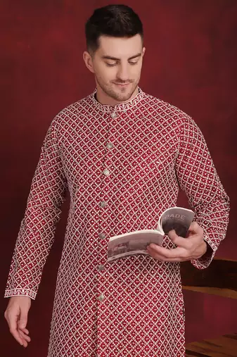 Men maroon embroidered silk blend kurta pajama