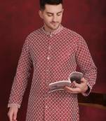 Men maroon embroidered silk blend kurta pajama
