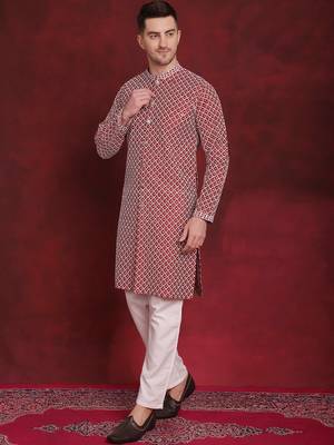Men maroon embroidered silk blend kurta pajama 2