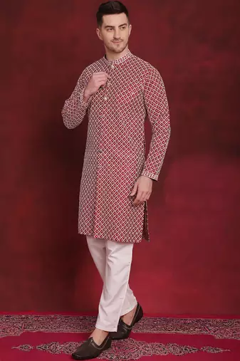 Men maroon embroidered silk blend kurta pajama