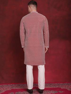 Men maroon embroidered silk blend kurta pajama 4