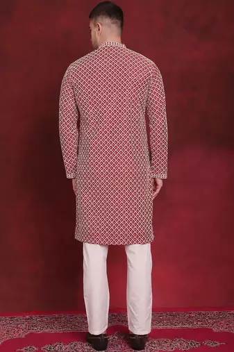 Men maroon embroidered silk blend kurta pajama