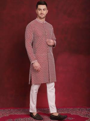 Men maroon embroidered silk blend kurta pajama 5