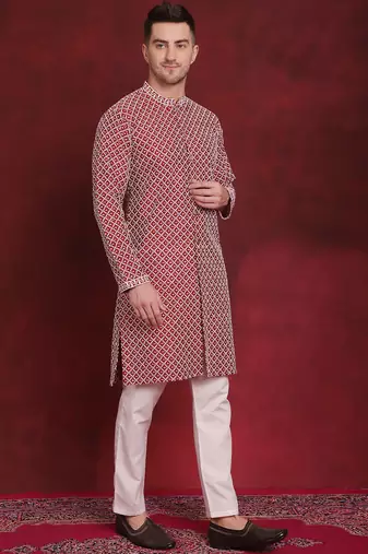 Men maroon embroidered silk blend kurta pajama