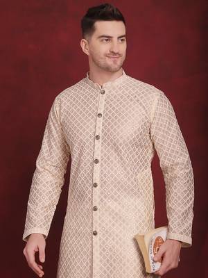 Men gold embroidered silk blend kurta pajama 1