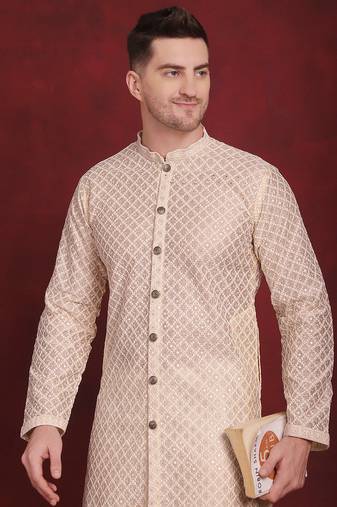 Men gold embroidered silk blend kurta pajama