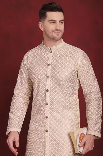 Men gold embroidered silk blend kurta pajama