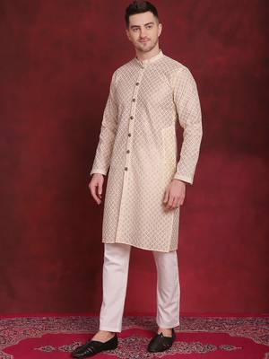Men gold embroidered silk blend kurta pajama 2