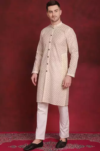 Men gold embroidered silk blend kurta pajama