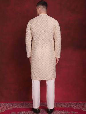 Men gold embroidered silk blend kurta pajama 4
